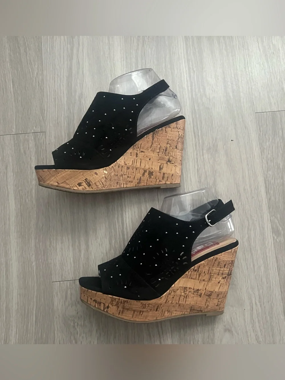 POP Edi Persons Black Studded Cork Wedge Sandals Peep Toe Slingback Size 8.5